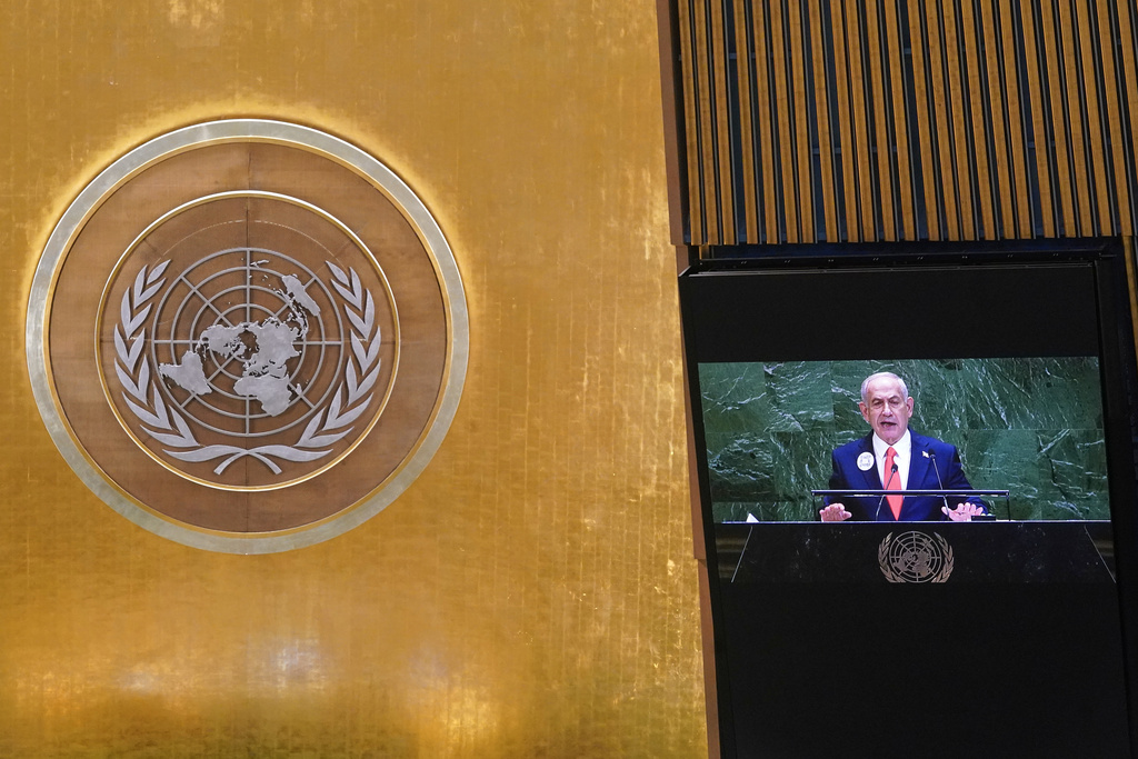Israel Prime Minister Benjamin Netanyahu addresses the 80th session of the United Nations General Assembly, Friday, Sept. 26, 2025. (AP Photo/Richard Drew)