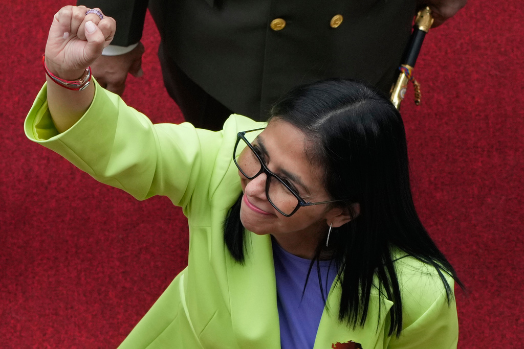 Venezuela's acting President Delcy Rodriguez arrives at the National Assembly in Caracas, Venezuela, Thursday, Jan. 15, 2026. (AP Photo/Ariana Cubillos)