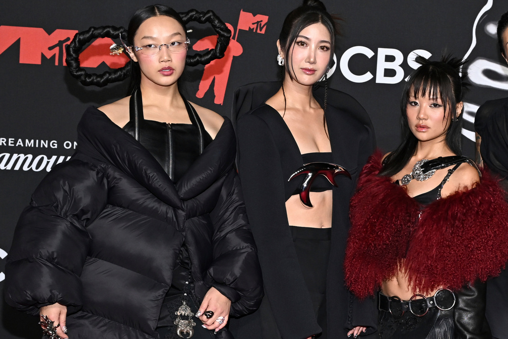 FILE - Audrey Nuna, from left, Ejae, and Rei Ami from "KPop Demon Hunters" appear at the MTV Video Music Awards in Elmont, N.Y., on Sept. 7, 2025. (Photo by Evan Agostini/Invision/AP, File)