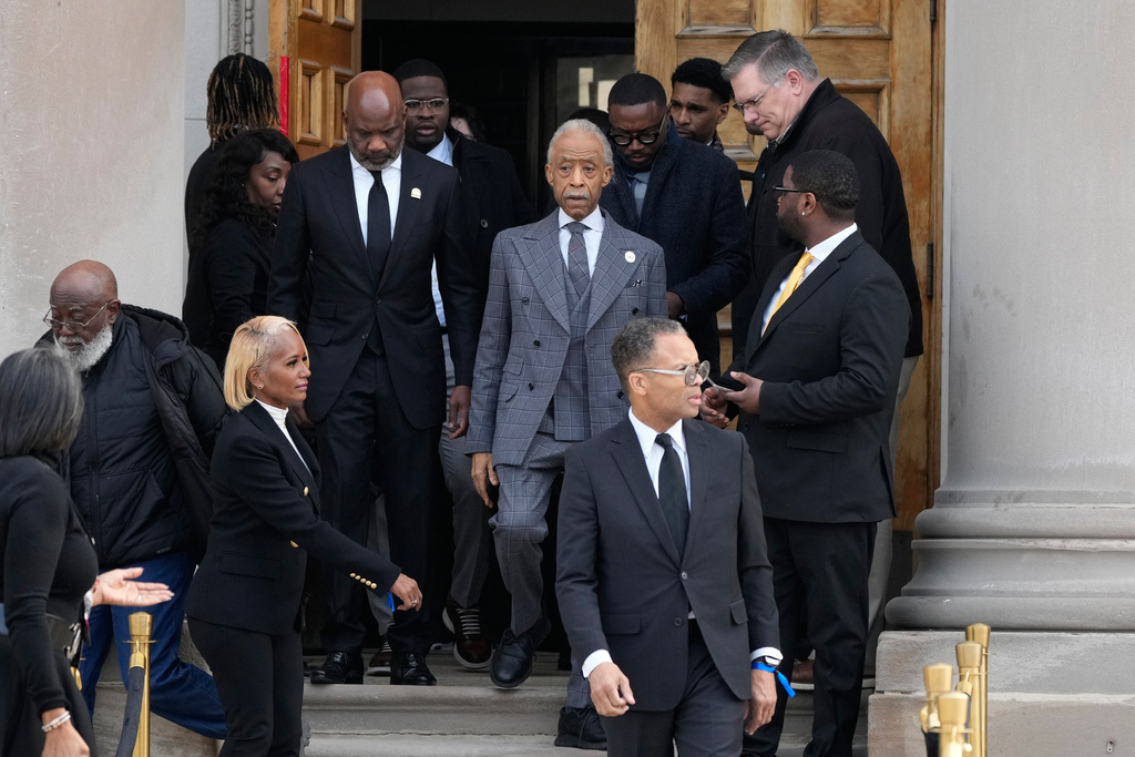 The Rev. Al Sharpton and Jesse Jackson Jr. exit after the public visitation for Reverend Jesse Jackson at at Rainbow/PUSH Coalition in Chicago, Thursday, Feb. 26, 2026. (AP Photo/Nam Y. Huh)
