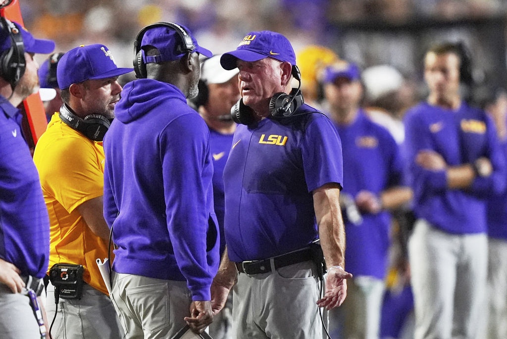 LSU head coach Brian Kelly talks on the sideline in the second half of an NCAA college football game against Louisiana Tech Saturday, Sept. 6, 2025, in Baton Rouge, La. (AP Photo/Gerald Herbert)