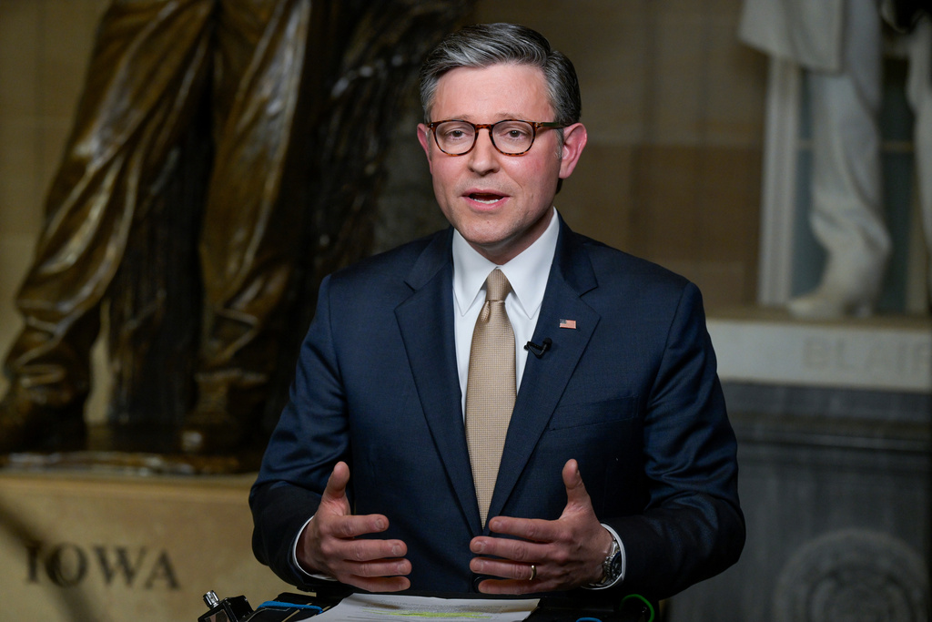 Speaker of the House Mike Johnson, R-La., speaks during an interview following President Donald Trump's State of the Union address to a joint session of Congress in the House chamber at the U.S. Capitol in Washington, Tuesday, Feb. 24, 2026. (AP Photo/Rod Lamkey, Jr.)