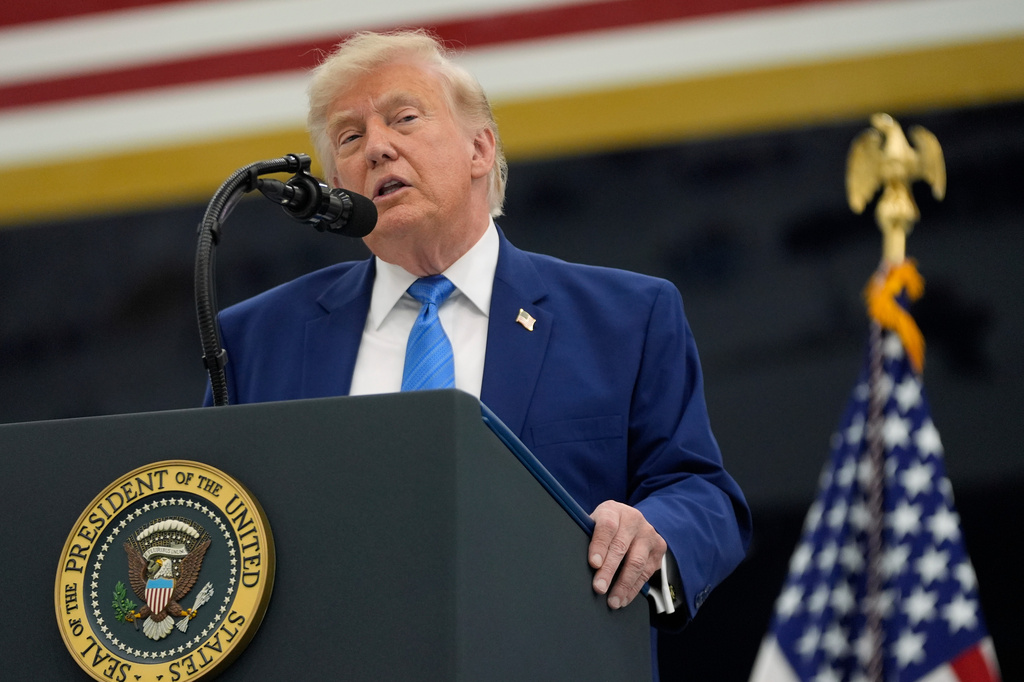President Donald Trump speaks after touring the newly designated Air Force One presidential aircraft at Joint Base Andrews, Md., Friday, June 19, 2026. (AP Photo/Manuel Balce Ceneta)