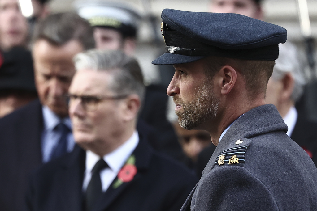 Britain's Prince William attends the Remembrance Sunday ceremony at the Cenotaph on Whitehall in central London, Nov. 9, 2025. (Henry Nicholls/Pool Photo via AP)