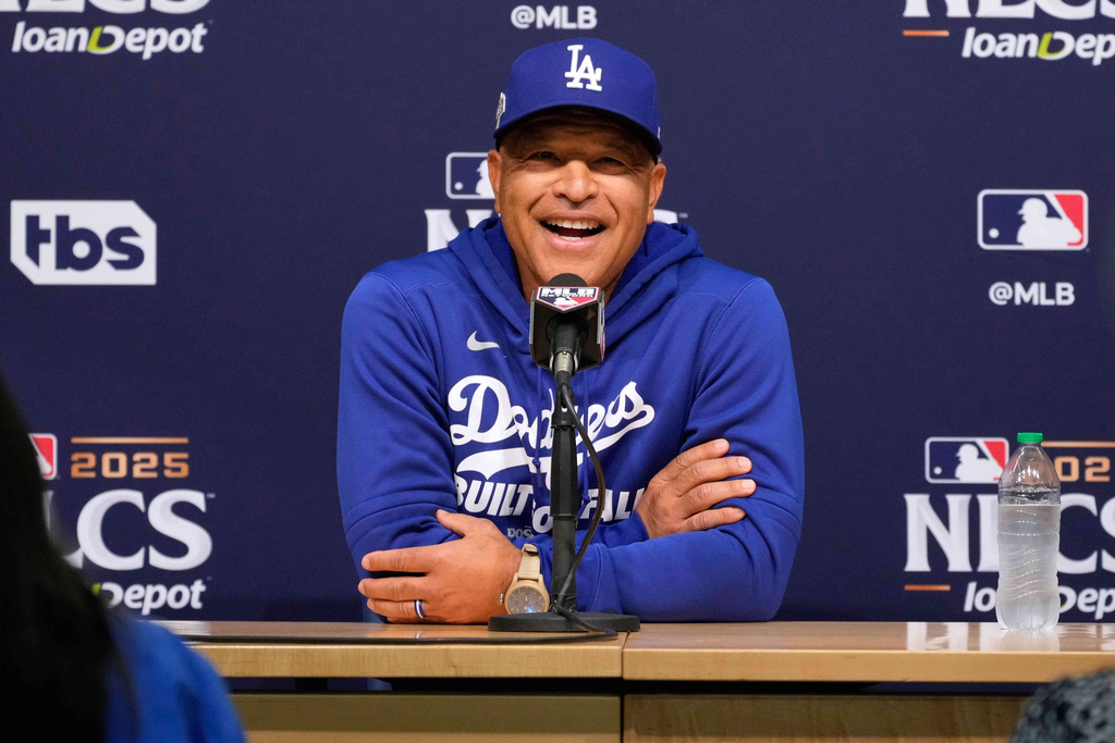 Los Angeles Dodgers manager Dave Roberts speaks during a news conference ahead of Game 3 of baseball's National League Championship Series against the Milwaukee Brewers, Wednesday, Oct. 15, 2025, in Los Angeles. (AP Photo/Mark J. Terrill)