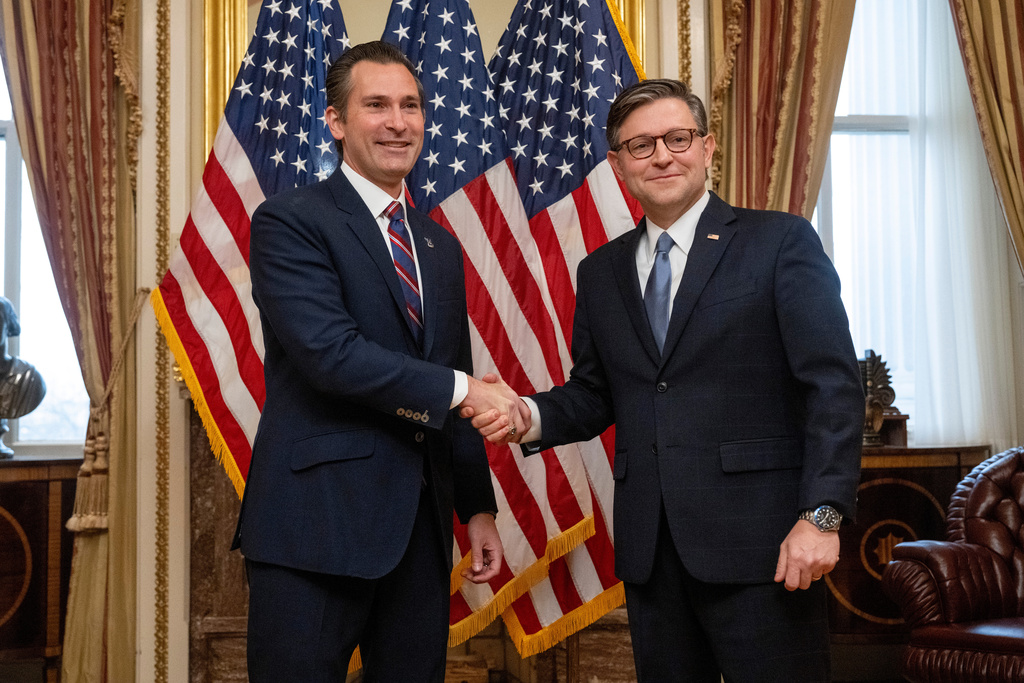 Rep. Matt Van Epps, R-Tenn, takes part in a ceremonial swearing-in with Speaker Mike Johnson, R-La., on Thursday, Dec. 4, 2025, in Washington. (AP Photo/Kevin Wolf)