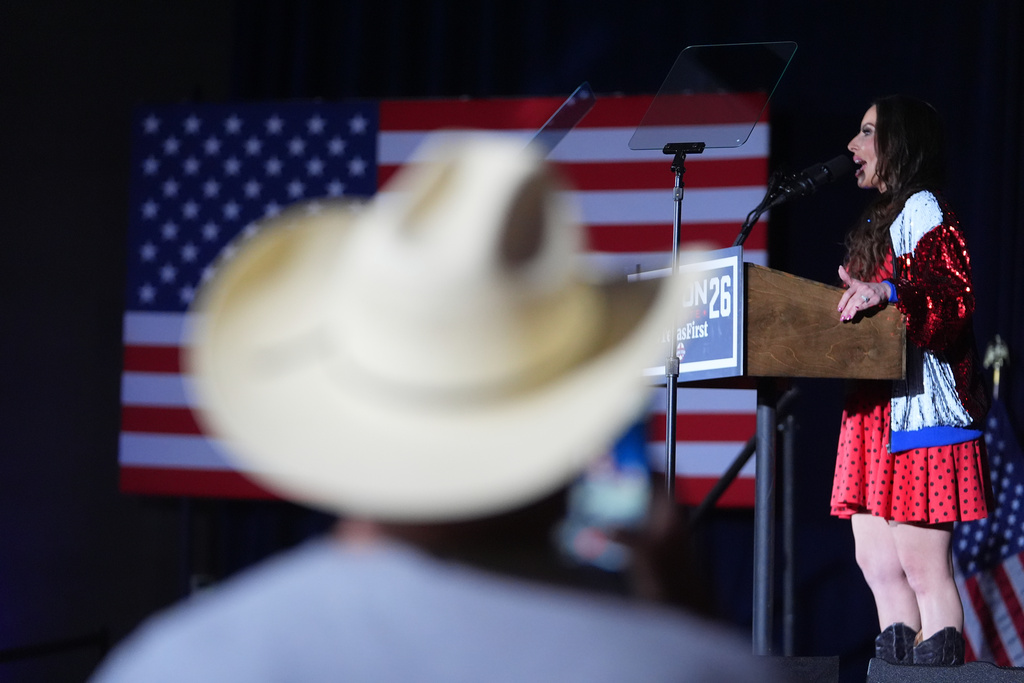 Television host Sara Gonzales speaks on stage at a primary night election watch party for Texas Attorney General Ken Paxton, a Republican candidate for the U.S. Senate, on Tuesday, March 3, 2026, in Dallas. (AP Photo/Julio Cortez)