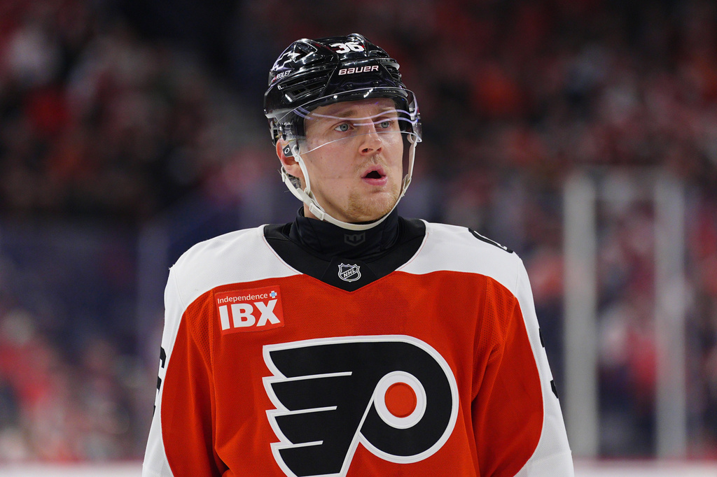 FILE - Philadelphia Flyers' Emil Andrae looks on during an NHL hockey game against the Montréal Canadiens, April 14, 2026, in Philadelphia. (AP Photo/Derik Hamilton, File)