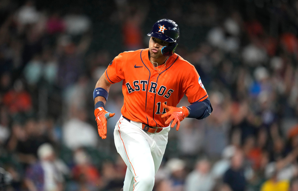 Houston Astros' Cam Smith celebrates after hitting a solo home run off Milwaukee Brewers starting pitcher Coleman Crow during the second inning of a baseball game, Friday, May 29, 2026, in Houston. (AP Photo/Karen Warren)
