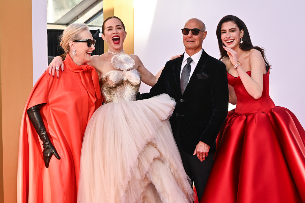 Meryl Streep, from left, Emily Blunt, Stanley Tucci, and Anne Hathaway attend "The Devil Wears Prada 2" world premiere at David Geffen Hall on Monday, April 20, 2026, in New York. (Photo by Evan Agostini/Invision/AP)