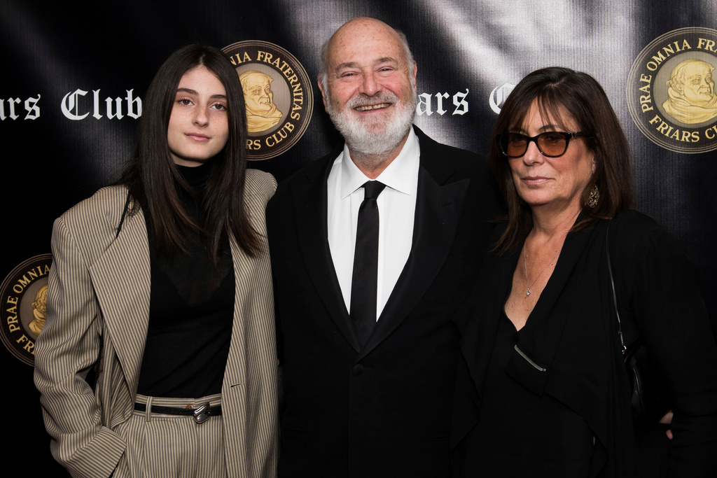 ADDITION ADDS MAIDEN NAME: FILE - Rony Reiner, left, Rob Reiner and Michele Singer Reiner attend the Friars Club Entertainment Icon Award ceremony honoring Billy Crystal at the Ziegfeld Ballroom, Nov. 12, 2018, in New York. (Photo by Charles Sykes/Invision/AP, File)