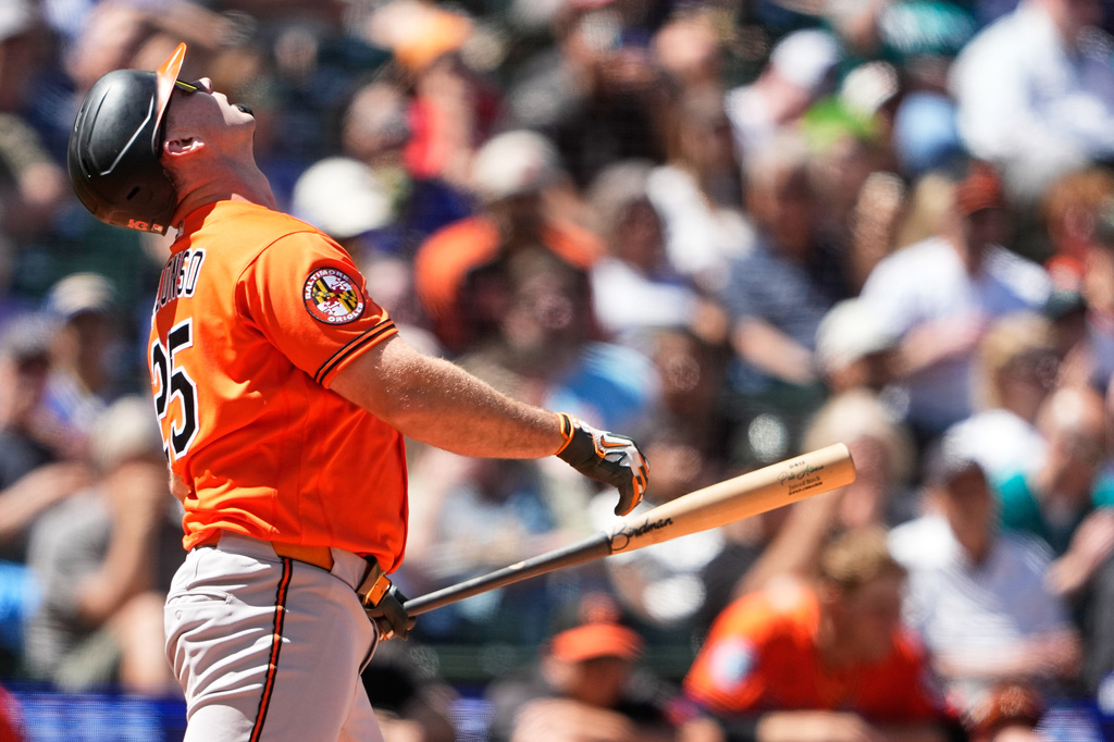 Baltimore Orioles' Pete Alonso reacts to striking out against the Seattle Mariners during the seventh inning of a baseball game, Thursday, June 18, 2026, in Seattle. (AP Photo/Lindsey Wasson)