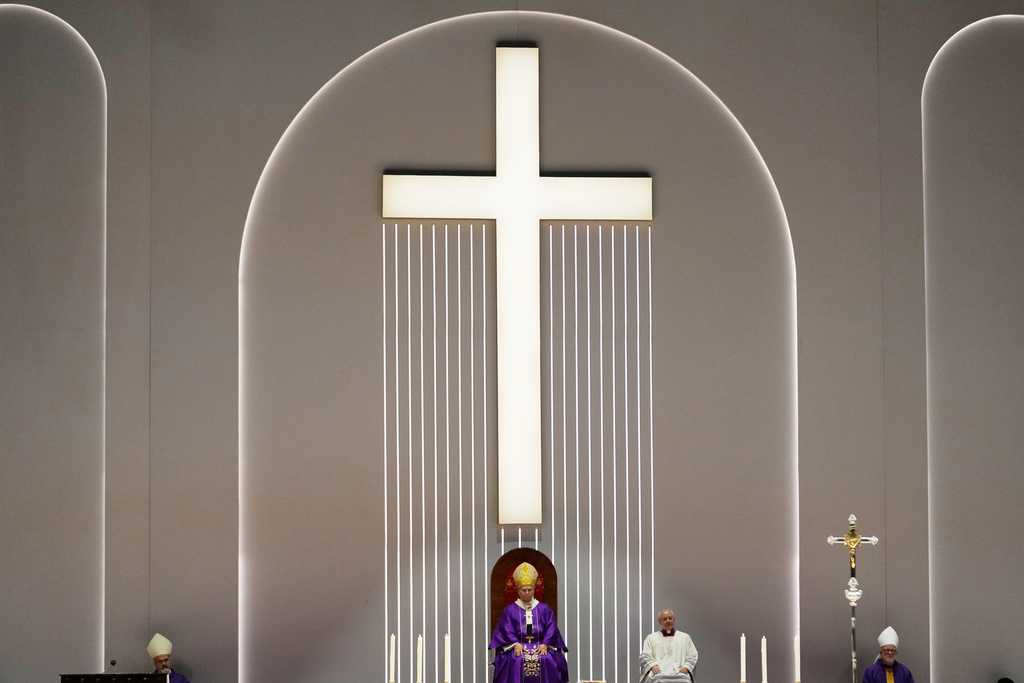 Pope Leo XIV celebrates a Mass at the Volkswagen Arena, in Istanbul, Turkey, Saturday, Nov. 29, 2025. (AP Photo/Khalil Hamra)