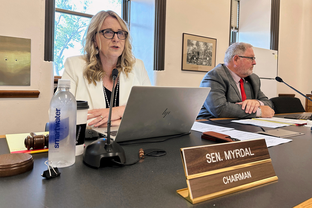 FILE - North Dakota State Senator Janne Myrdal, R-Edinburg, begins the Legislature's interim Judiciary Committee meeting, Aug. 31, 2023, at the state Capitol in Bismarck, N.D. (AP Photo/Jack Dura, File)