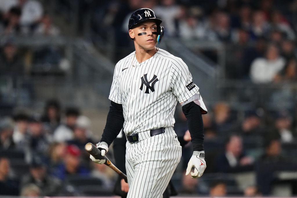 New York Yankees' Aaron Judge reacts after striking out during the fourth inning of a baseball game against the Texas Rangers Wednesday, May 6, 2026, in New York. (AP Photo/Frank Franklin II)