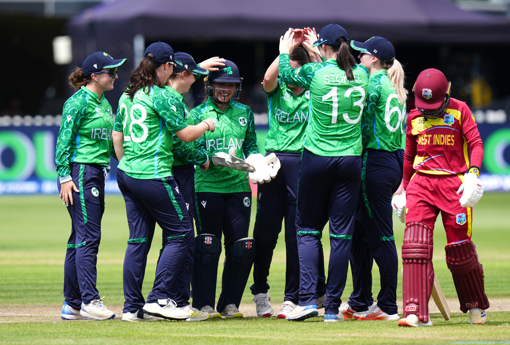 Ireland's Amy Hunter, center, celebrates with team-mates after catching out West Indies' Shemaine Campbelle, right, during the Women's T20 World Cup cricket match between West Indies and Ireland, at Bristol County Ground, in Bristol, England, Saturday June 27, 2026. (David Davies/PA via AP)