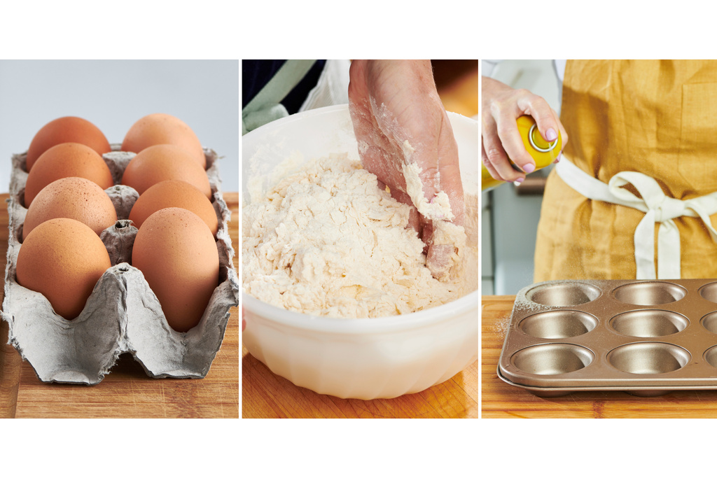 This combination of photos shows eggs, left, shortbread dough, center, and a muffin tin being prepped for baking. (Cheyenne M. Cohen via AP)