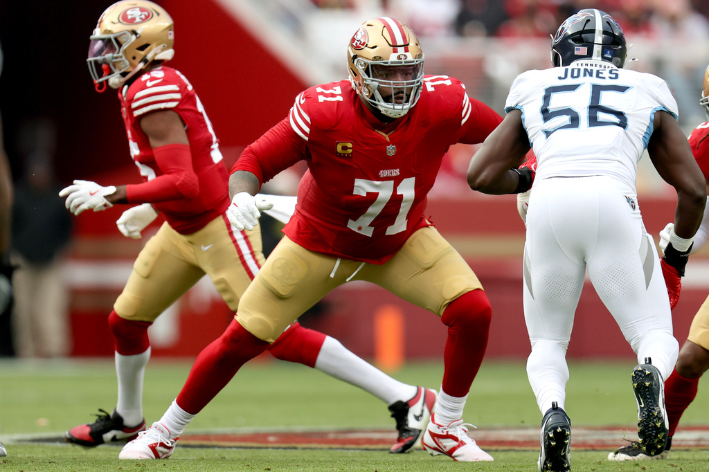 FILE - San Francisco 49ers offensive tackle Trent Williams (71) blocks during an NFL football game against the Tennessee Titans, Dec. 14, 2025, in Santa Clara, Calif. (AP Photo/Scot Tucker, File)