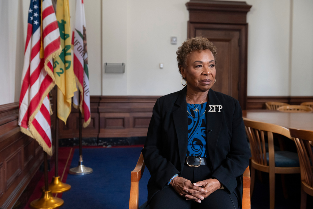 Oakland Mayor Barbara Lee pauses during an interview on Friday, Nov. 14, 2025, in Oakland, Calif. (AP Photo/Laure Andrillon)