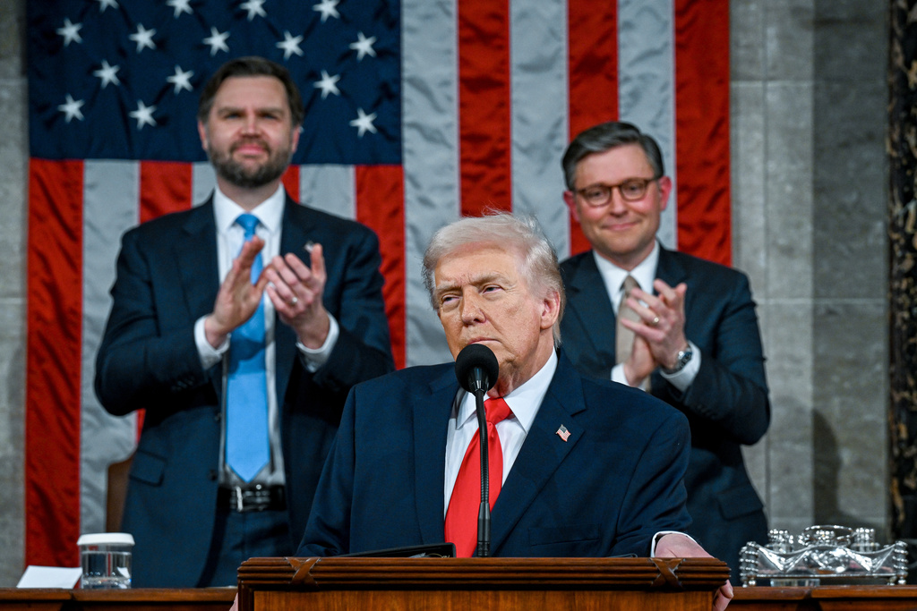 President Donald Trump delivers the State of the Union address to a joint session of Congress in the House chamber at the U.S. Capitol in Washington, Tuesday, Feb. 24, 2026. (Kenny Holston/The New York Times via AP, Pool)