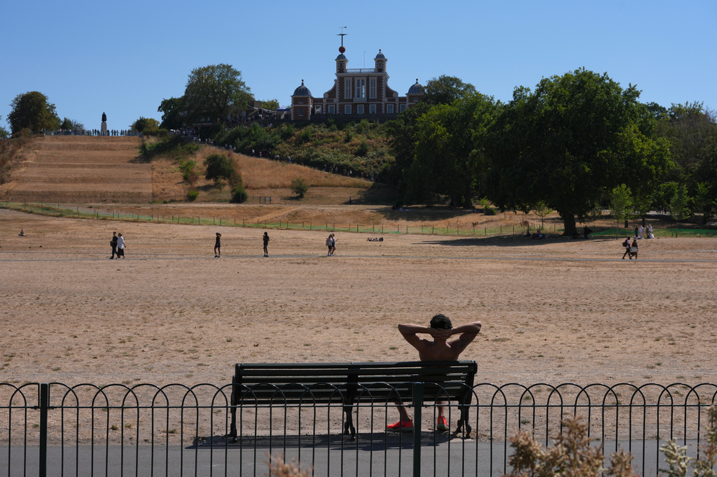 A man sits on a bench in Greenwich Park amid dried grass in London, Tuesday, Aug. 11, 2026. (AP Photo/Kin Cheung)