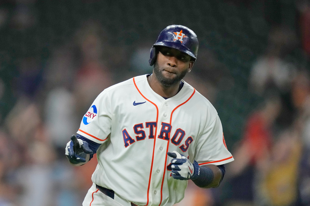 Houston Astros' Yordan Alvarez celebrates after hitting a home run against the Kansas City Royals during the fifth inning of a baseball game Thursday, Sept. 17, 2026, in Houston. (AP Photo/David J. Phillip)