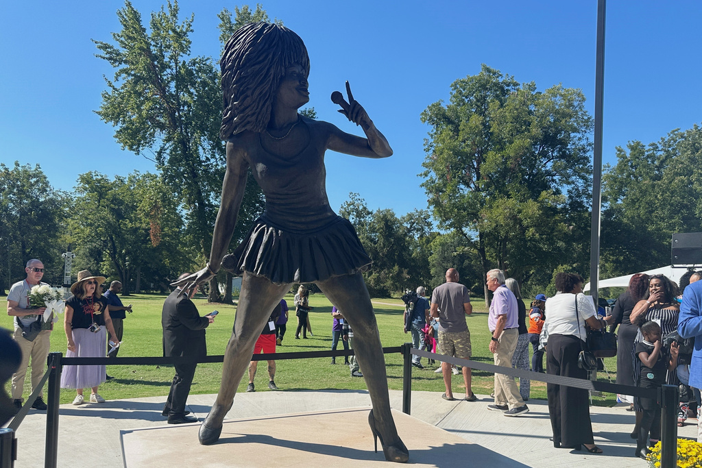 A newly-unveiled statue of singer Tina Turner stands at a park on Saturday, Sept. 27, 2025, in Brownsville, Tenn. (AP Photo/Adrian Sainz).