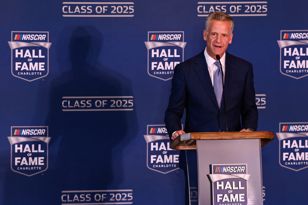 FILE - NASCAR president Steve Phelps announces the inductees to the 2025 NASCAR Hall of Fame class, May 21, 2024, in Charlotte, N.C. (AP Photo/Matt Kelley, File)