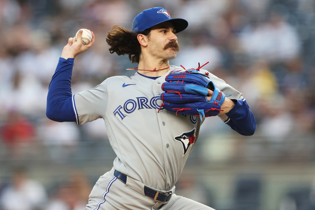 Toronto Blue Jays pitcher Dylan Cease throws during the first inning of a baseball game against the New York Yankees, Tuesday, May 19, 2026, in New York. (AP Photo/Heather Khalifa)