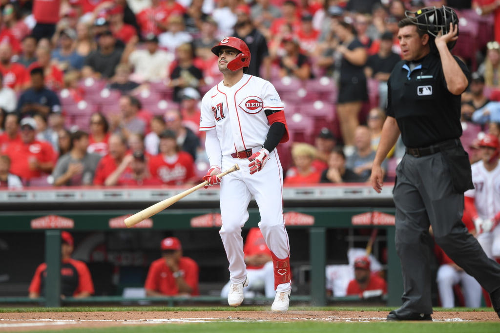 Cincinnati Reds' Sal Stewart, left, watches his solo home run during the first inning of a baseball game against the Pittsburgh Pirates in Cincinnati, Sunday, Aug. 2, 2026. (AP Photo/Tanner Pearson)
