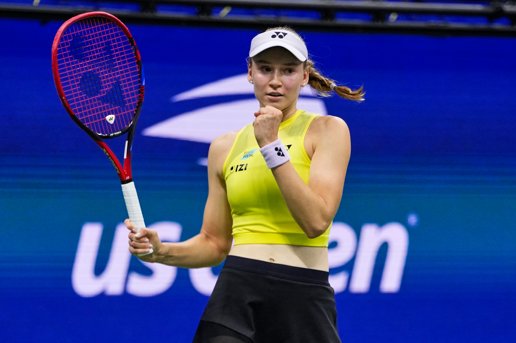 Elena Rybakina, of Kazakhstan, celebrates winning a match against Coco Gauff, of the United States, during the women's singles semifinals of the U.S. Open tennis championships, Thursday, Sept. 10, 2026, in New York. (AP Photo/Seth Wenig)