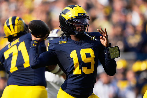Michigan quarterback Bryce Underwood throws during the first half of an NCAA college football game against Washington, Saturday, Oct. 18, 2025, in Ann Arbor, Mich. (AP Photo/Ryan Sun) Michigan quarterback Bryce Underwood throws during the first half of an NCAA college football game against Washington, Saturday, Oct. 18, 2025, in Ann Arbor, Mich. (AP Photo/Ryan Sun)