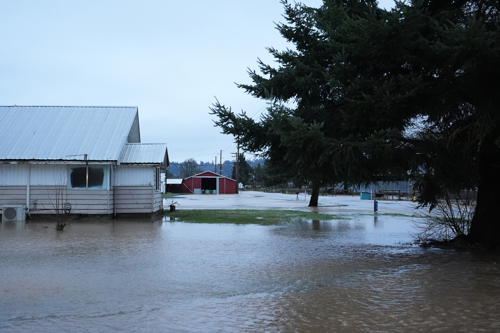Floodwaters surround homes and buildings after heavy rains, Tuesday, Dec. 9, 2025, in Chehalis, Wash. (AP Photo/Lindsey Wasson)