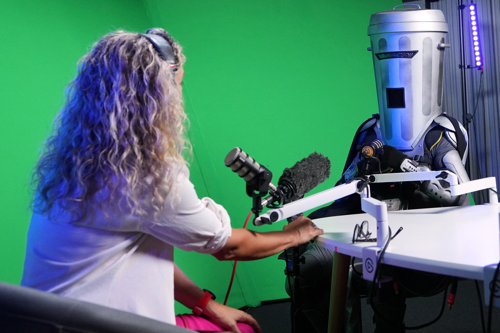 Count Binface is interviewed at a studio in London ahead of the Clacton by-election, Wednesday, July 29, 2026. (AP Photo/Kirsty Wigglesworth)