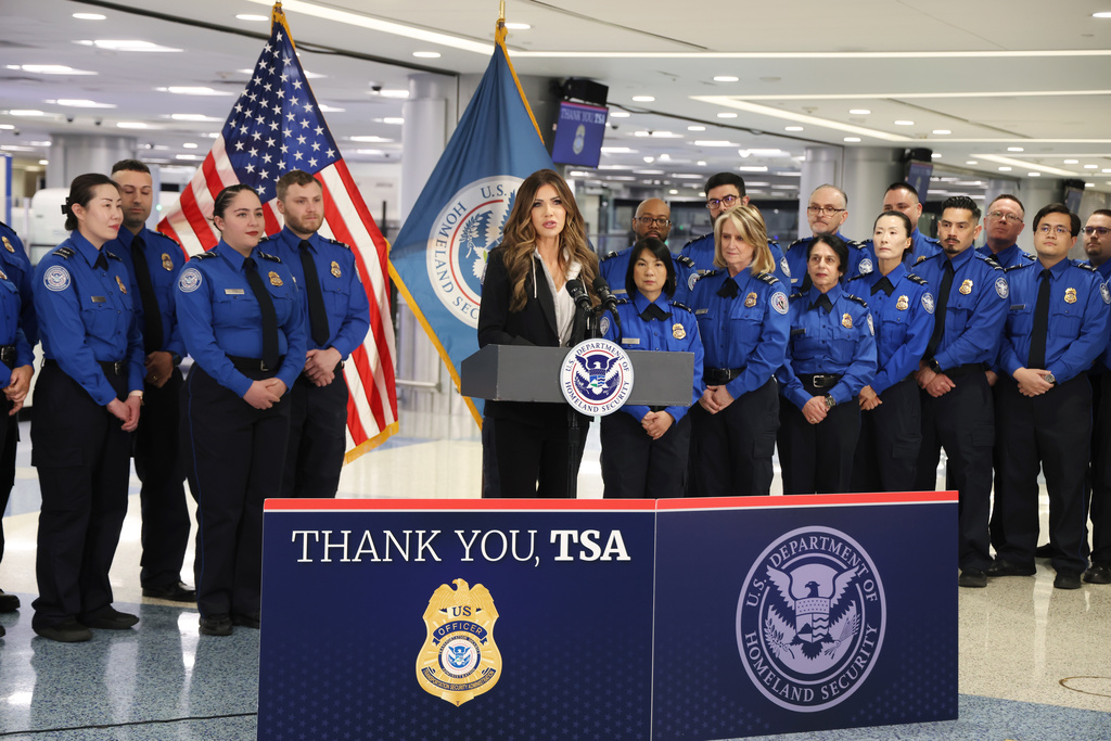 U.S. Homeland Security Secretary Kristi Noem speaks at a news conference at Harry Reid International Airport, Saturday, Nov. 22, 2025, in Las Vegas. (AP Photo/Ronda Churchill)
