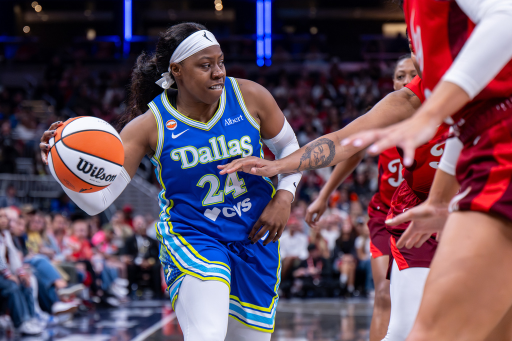 Dallas Wings guard Arike Ogunbowale (24) looks to pass during the second half of an WNBA basketball game against the Indiana Fever in Indianapolis, Saturday, May 9, 2026. (AP Photo/Doug McSchooler)