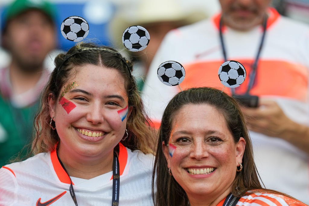 Netherlands fans look on during the World Cup round of 32 soccer match between the Netherlands and Morocco in Guadalupe, near Monterrey, Mexico, Monday, June 29, 2026. (AP Photo/Dolores Ochoa)