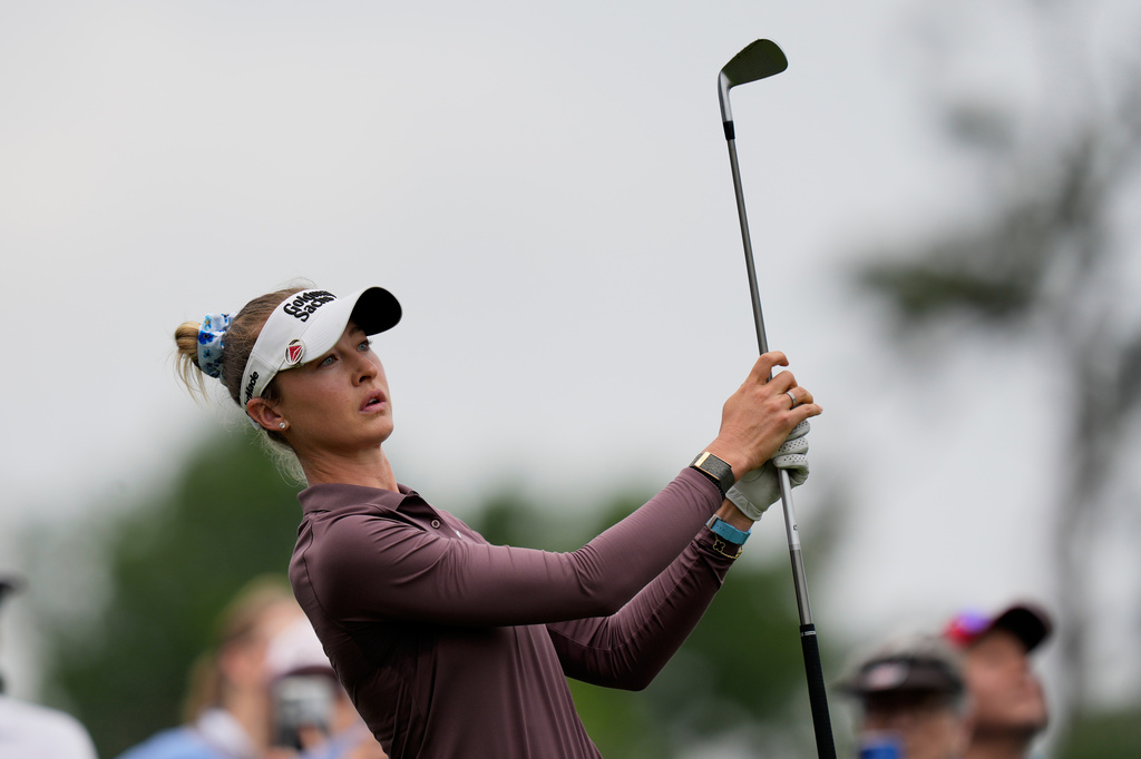 Nelly Korda watches her tee shot on the ninth hole during the second round of the Chevron Championship LPGA golf tournament Friday, April 24, 2026, in Houston. (AP Photo/David J. Phillip)