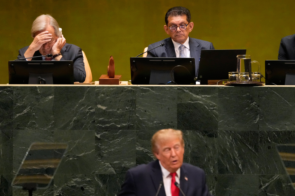 United Nations Secretary-General Antonio Guterres, top left, listens along side President of the 81st session of the United Nations General Assembly and Foreign Minister of Bangladesh Khalilur Rahman, top right, as United States President Donald Trump speaks during the 81st session of the United Nations General Assembly at United Nations headquarters, Tuesday, Sept. 22, 2026. (AP Photo/Seth Wenig)