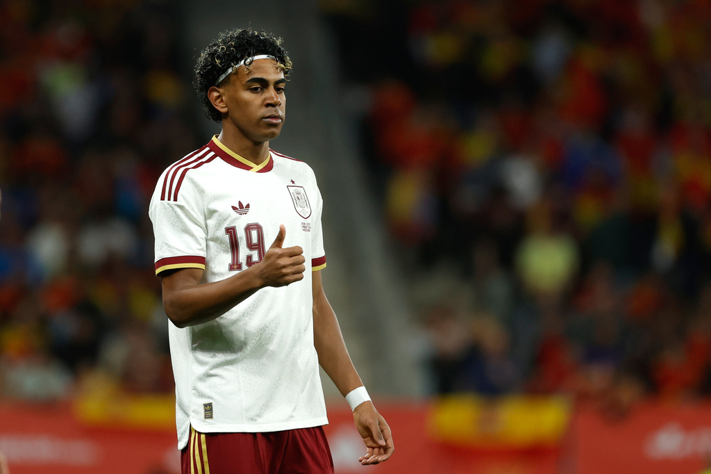 Spain's Lamine Yamal reacts during the international friendly soccer match between Spain and Egypt in Barcelona, Spain, Tuesday, March 31, 2026. (AP Photo/Joan Monfort)