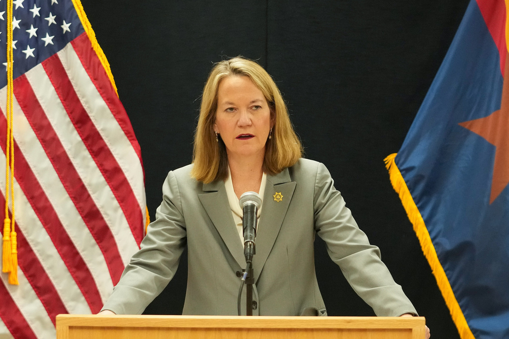 Arizona Attorney General Kris Mayes speaks about the execution of inmate Richard Djerf at the Arizona State Prison, Friday, Oct. 17, 2025 in Florence, Ariz. (AP Photo/Darryl Webb)