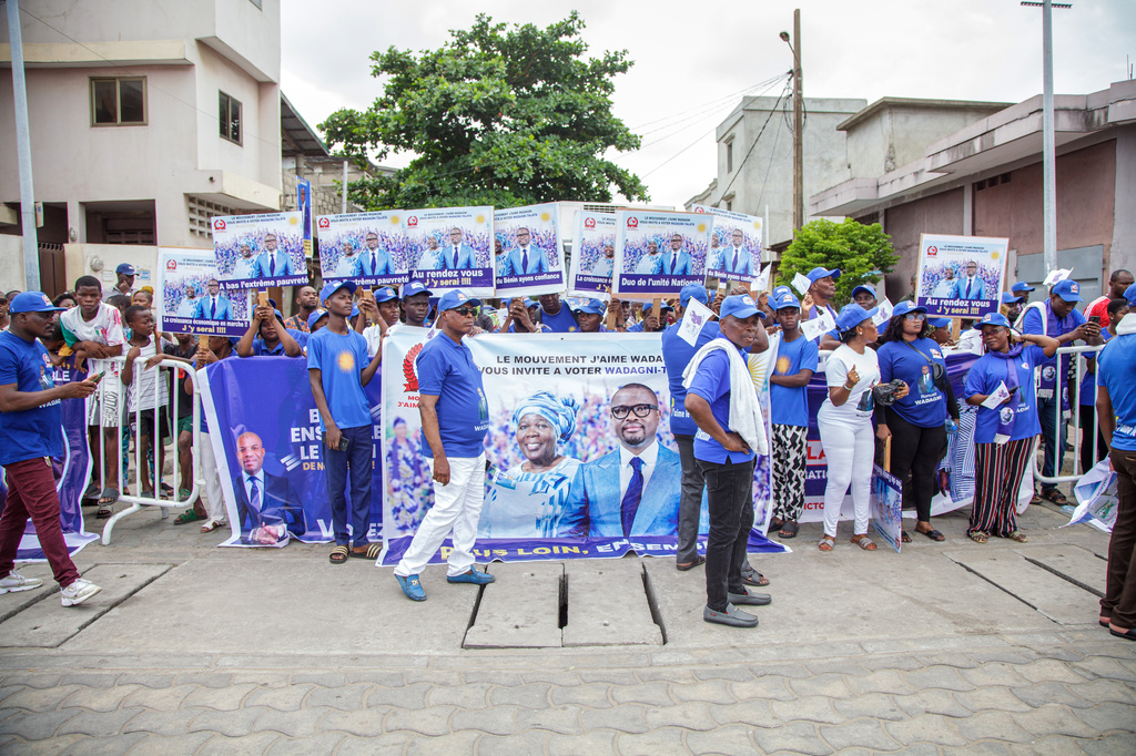 Supporters of presidential candidate Romuald Wadagni and his running mate, Mariam Chabi Talata, gather at a campaign rally in Cotonou, Benin, Friday, April 10, 2026. (AP Photo/Abadjaye Justin Sodogandji)