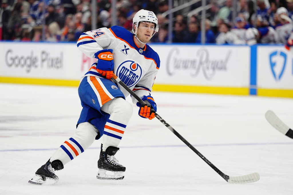 FILE - Edmonton Oilers' Spencer Stastney skates during the first period of an NHL hockey game against the Maple Leafs in Toronto, Saturday, Dec. 13, 2025. (Frank Gunn/The Canadian Press via AP, File)