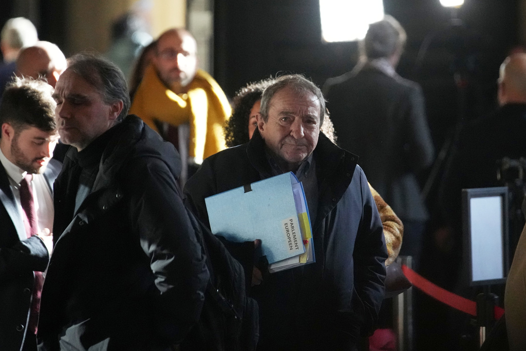 European Parliament lawyer Patrick Maisonneuve arrives to an appeal court for far-right leader Marine Le Pen's appeal trial for an embezzlement conviction, Tuesday, Jan. 13, 2026 in Paris. (AP Photo/Christophe Ena)