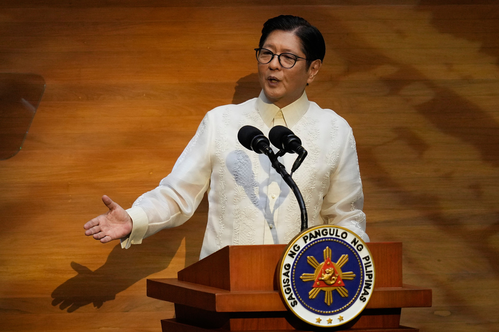 Philippine President Ferdinand Marcos Jr. delivers his 5th State of the Nation Address at the House of Representatives on Monday July 27, 2026 in Quezon city, Philippines. (AP Photo/Aaron Favila)