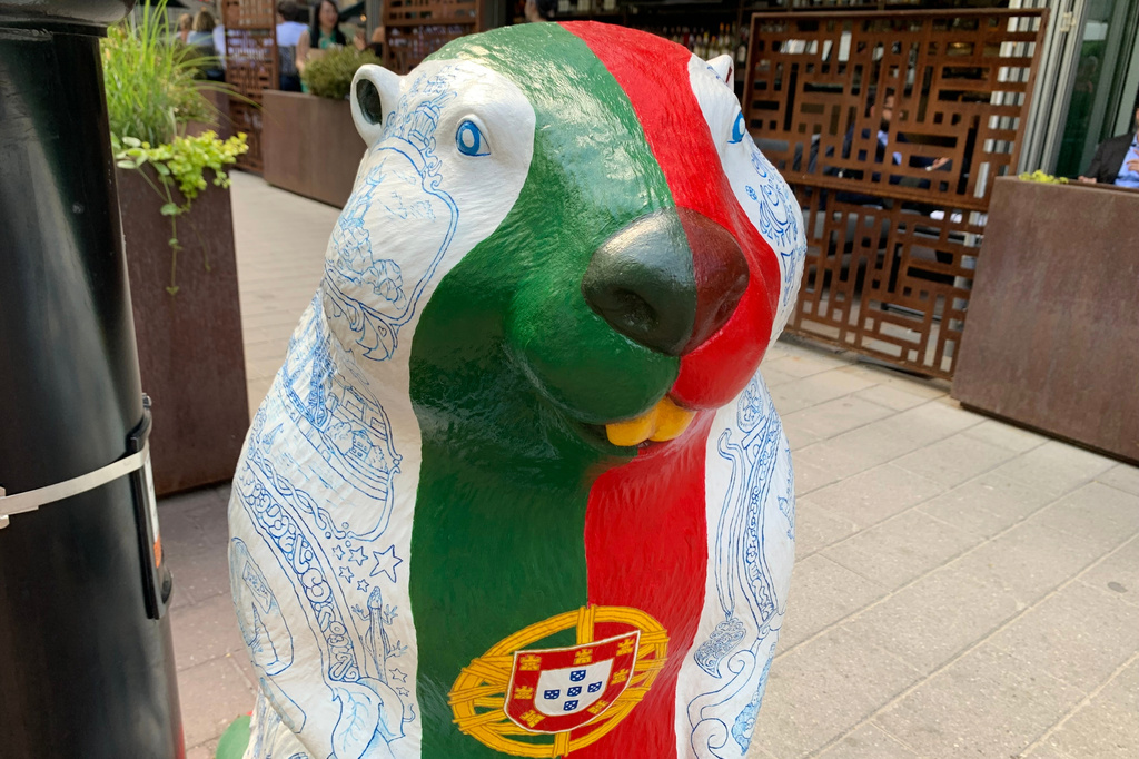 A beaver sculpture representing Portugal that is part of The Great Beaver Quest, a World Cup-themed contest, stands outside a restaurant Thursday, June 4, 2026, in Toronto. (AP Photo/Mike Householder)