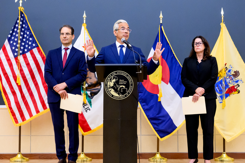 California Attorney General Rob Bonta discusses a lawsuit against Meta during a press conference on Tuesday, Aug. 18, 2026, in Oakland, Calif. Joining him are Colorado Attorney General Philip Weiser, and New Jersey Attorney General Jennifer Davenport. (AP Photo/Noah Berger)