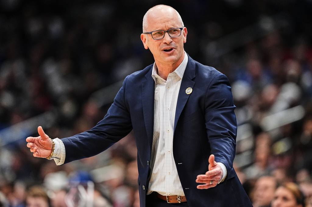 UConn head coach Dan Hurley reacts during the first half against Michigan State in the Sweet 16 of the NCAA college basketball tournament, Friday, March 27, 2026, in Washington. (AP Photo/Abbie Parr)