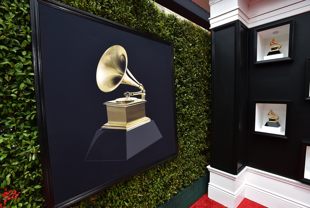 FILE - Decorative Grammy Awards appear on the red carpet at the 64th annual Grammy Awards in Las Vegas on April 3, 2022. (Photo by Jordan Strauss/Invision/AP, File)