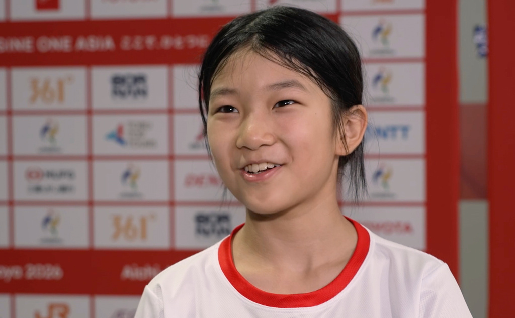 Kamus Wong, 12-year-old skateboarder from Hong Kong, speaks to the media in Nagoya, Japan, Thursday, Sept. 24, 2026. (SNTV via AP)